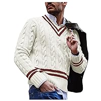 Men's Long-Sleeve Fisherman Cable V Neck Sweater Casual Color Block Striped Knit Pullovers Trendy Sweaters for Man