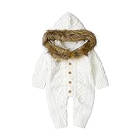 Unisex Baby Boy Girl Sweater Break Knitted Hooded Jumpsuit Long Sleeve Infant Onesies-White 12-18 Months