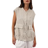 Amazhiyu Women' s Pure Linen Sleeveless Button Up Sleeveless Vest Coat Casual