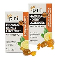 PRI Manuka Honey Lozenges with Propolis, Soothing Cough and Throat Drops, MGO 300+ Certified, (Lemon, 16 Count/2 Pack)