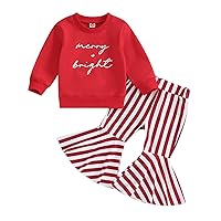 Engofs Toddler Baby Girl Christmas Outfit Long Sleeve Letter Print Sweatshirt Tops Bell Bottoms Xmas Clothes Set Red 12-18 Months