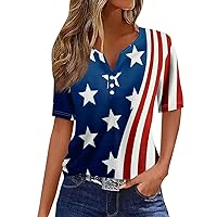 Women's Independence Day Print Button Short Sleeve Daily Henley Blouses 2024 Trendy T Shirts Tee