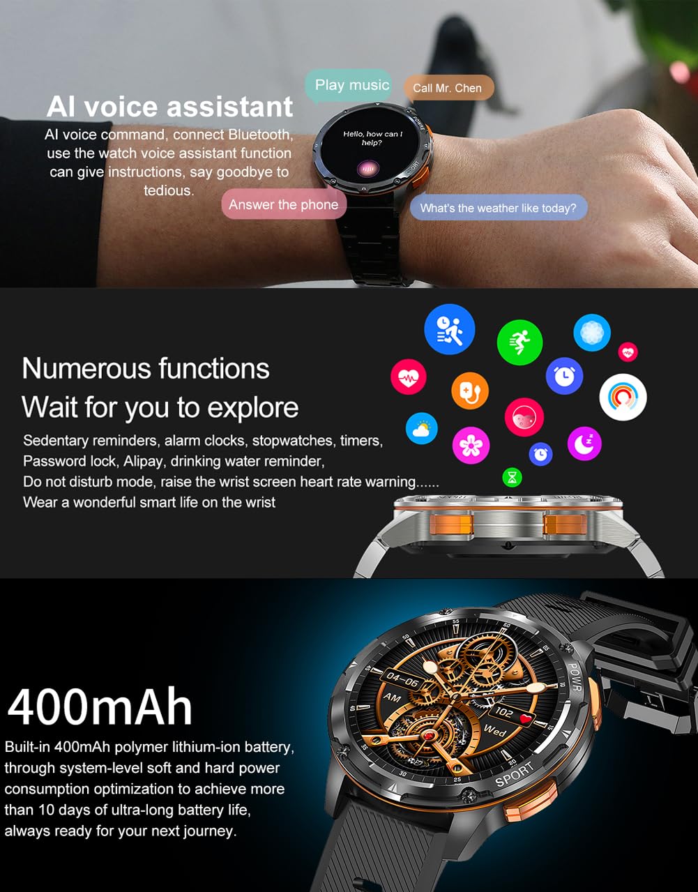 FILIEKEU Smart Watches for Men (Answer/Make Calls),400 mAh Large Battery, 50M Waterproof,Rugged Military Fitness Tracker, 1.43