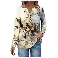Womens Button Up T-Shirts Long Sleeve Henley Tunic Tops V-Neck Casual Blouse with Print Fall Clothes for Women 2023