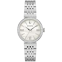 Bulova Ladies' Classic Crystal Stainless Steel 3-Hand Quartz Watch, White Mother-of-Pearl Dial