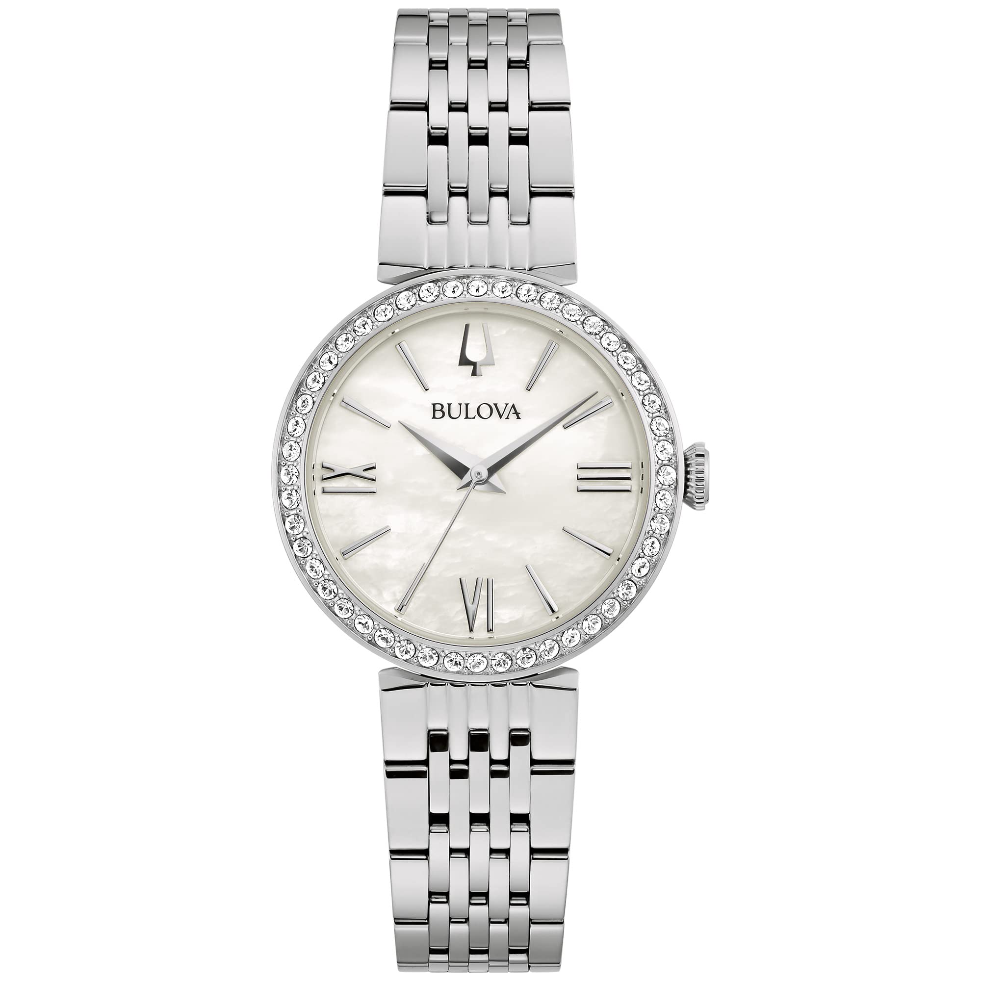 Bulova Ladies' Classic Crystal Stainless Steel 3-Hand Quartz Watch, White Mother-of-Pearl Dial