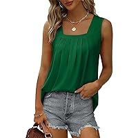Womens Tops Summer Tank Tops for Women Loose Fit Pleated Square Neck Sleeveless Tops Curved Hem Flowy