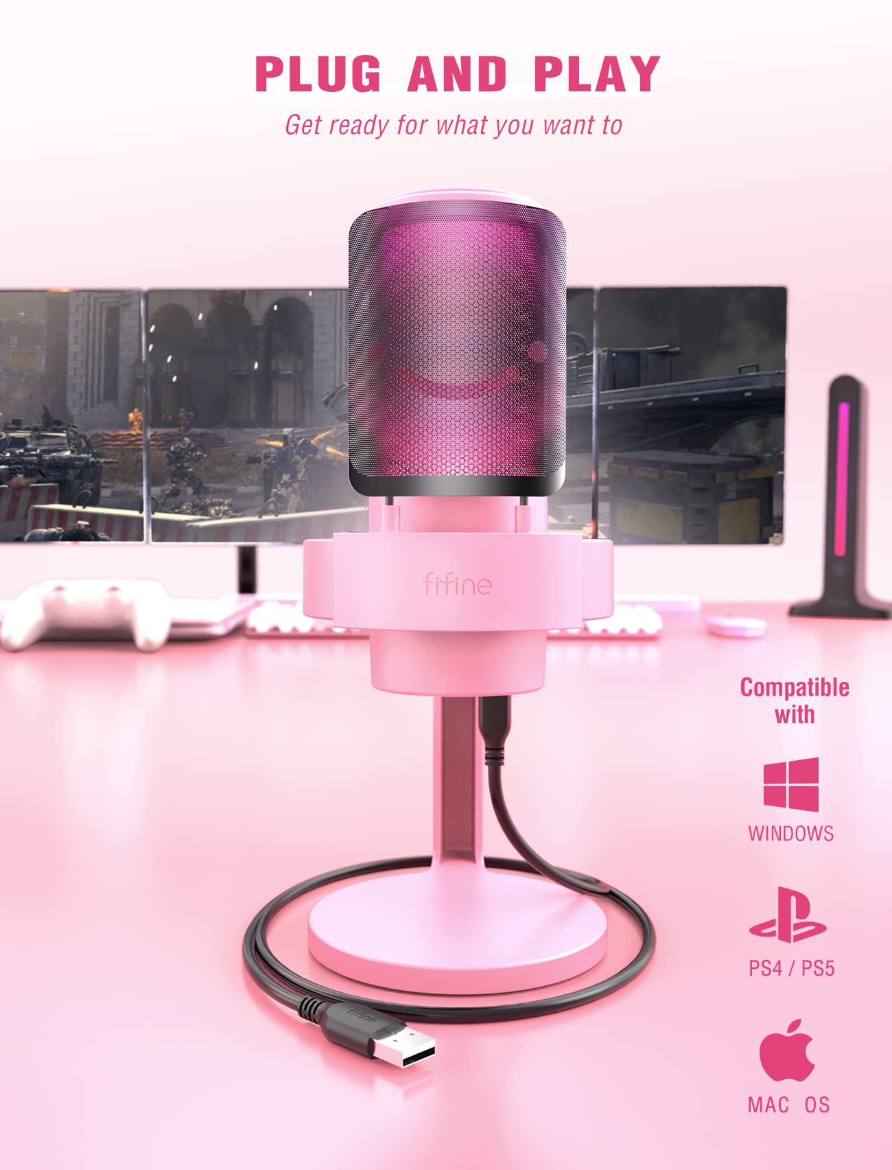 FIFINE USB Streaming Gaming Microphone, PC Condenser Desktop Mic for Video, Home use, YouTube, with RGB Control, Gain Knob, 3.5mm Headphone Jack, Shock Mount, on Computer/PS4/PS5-AmpliGame A8 Pink