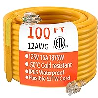 HUANCHAIN 100 ft 12/3 Gauge Heavy Duty Outdoor Extension Cord Waterproof with Lighted, Flexible Cold Weather 3 Prong Electric Cord Outside, 15A 1875W 125V 12AWG SJTW, Yellow, ETL Listed