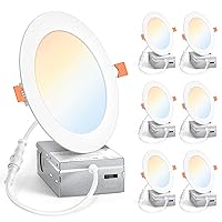 MAXvolador 6 Pack 6 Inch 5CCT Ultra-Thin LED Recessed Ceiling Light with Junction Box, 1200LM High Brightness, 3000K/3500K/4000K/5000K/6500K Selectable, 12W 110W Eqv Dimmable Can-Killer Downlight