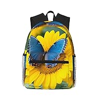 Sunflower Blue Butterfly Printed Lightweight Casual Backpack,Laptop Backpack,Cute Canvas Backpack,Travel Rucksack Daypack For Men Women