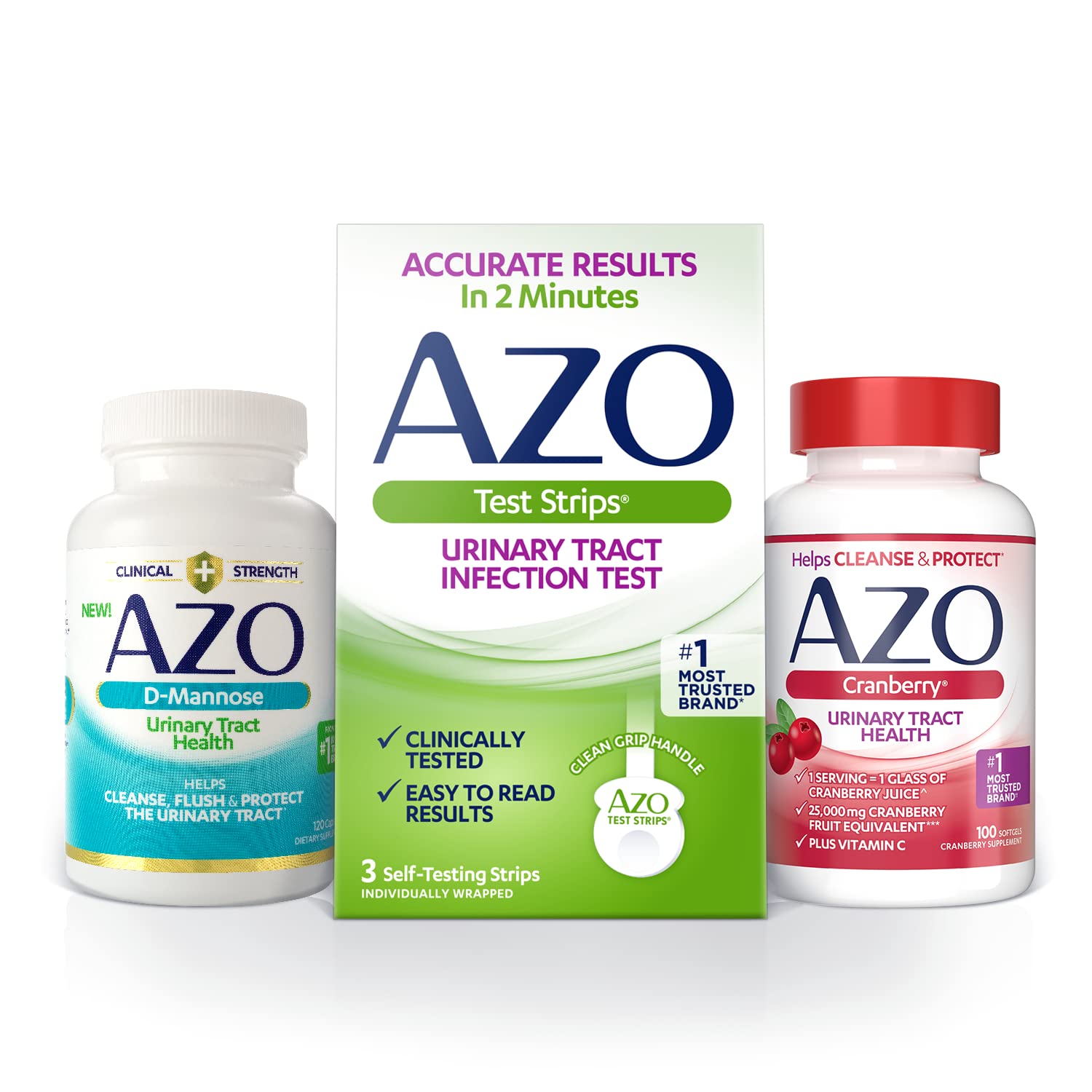 AZO Cranberry Softgels (100 Count) +Urinary Tract Infection (UTI) Test Strips (3 Count) + D-Mannose for Urinary Tract Health (120 Count)