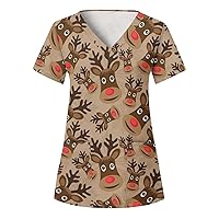 Christmas Scrub Tops Women Print Cartoon Pattern Turtleneck T Shirt Thermal Short Sleeve Womens V Neck T Shirts