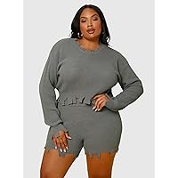 Casual Ladies Comfortable Plus Size Sweater Plus 1pc Ribbed Knit Distressed Sweater Leisure Perfect Comfortable Eye-catching (Color : Gray, Size : X-Large)