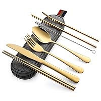 DEVICO Portable Utensils, Travel Camping Cutlery Set, 8-Piece including Knife Fork Spoon Chopsticks Cleaning Brush Straws Portable Case, Stainless Steel Flatware set (Gold)