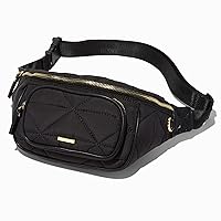Claire's Quilted Nylon Fanny Pack - Adjustable Black and Gold Belt Bag for Girls - The Perfect Crossbody Bag for Travelling, Hiking, and Fashion
