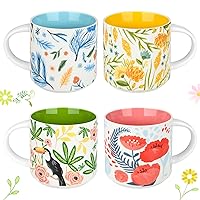 Ceramic Coffee Mugs Set of 4, 16 Oz Large Vintage Floral Tea Cups with Handles Cute Flower Aesthetic Mug Solid Restaurant Porcelain Tea Mug - Mothers Day Gifts