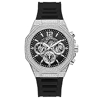 GUESS US Men's Silver-Tone and Black Silicone Multifunction Watch, Strap