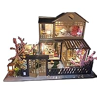 DAZIBY Finished Doll House Mini with Wooden Furniture That we Purely Handmade, Sakura Villa Large Japanese Courtyard Model with LED and Music Box, Creative Gift Room for Adult Friends Couples