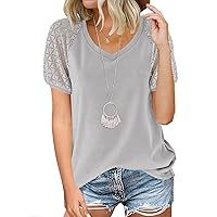 MEROKEETY Women's Summer Lace Short Sleeve V Neck Tops Shirt Loose Casual Waffle Tee Blouse