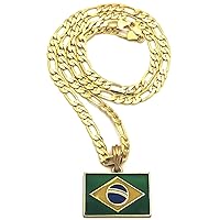 Brazil Flag Small Pendant with 24 Inches Long Figaro Necklace Gold Color