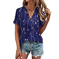 Full Nice Homewear Tunic Teen Girls Short Sleeve Independence Day Cozy Button Up T Shirts Printed V Neck Blue XL