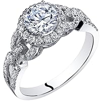 PEORA Solid 14K White Gold Bridal Engagement Ring for Women, Dainty Halo Solitaire, 1.50 Carats total, Round Brilliant Cut, F-G Color, VVS Clarity, Sizes 4 to 10