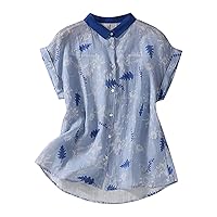 Floral Print Cotton Linen Shirts Women Button Down Cap Sleeve Casual Shirts Summer Loose Fit Fashion Vacation Tops