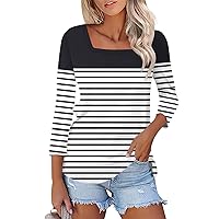 Womens Tops Casual Summer Tshirts 3/4 Length Sleeve Square Neck Basic Tee Outfits