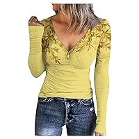 Women's Vintage Henley T-Shirts Casual Long Sleeve Ribbed Shirt Classic Scoop Neck Slim Fit Tops Blouses