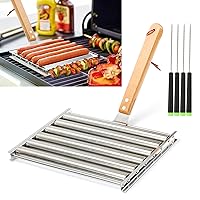KAYCROWN Hot Dog Roller for Grill Stainless Steel BBQ Hot Dog Grill Roller with Wooden Handle, Sausage Roller Rack for Evenly Cooked Hot Dogs, 4 BBQ Skewers Included, 5 Hot Dog Capacity, Large