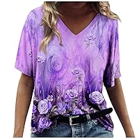 Womens Summer V Neck Tshirts Shirts Plus Size Short Sleeve Casual Tops Boho Floral Tees Loose Fit Blouse S-5X