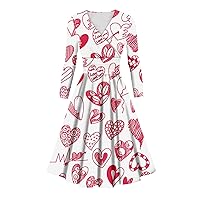 Valentines Day Long Sleeve Dress for Women Love Heart Cute Ptint V-Neck Pleated A-Line Holiday Dresses Party Dress