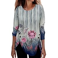 Women's Holiday Tops 2023 Long Sleeve Loose Casual Floral Print Button T-Shirt Top Dressy, One Size