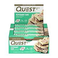 Quest Nutrition Peppermint Bark Protein Bar, 21g Protein, 4g Net Carb, 1g Sugar, Gluten Free, 12 Count