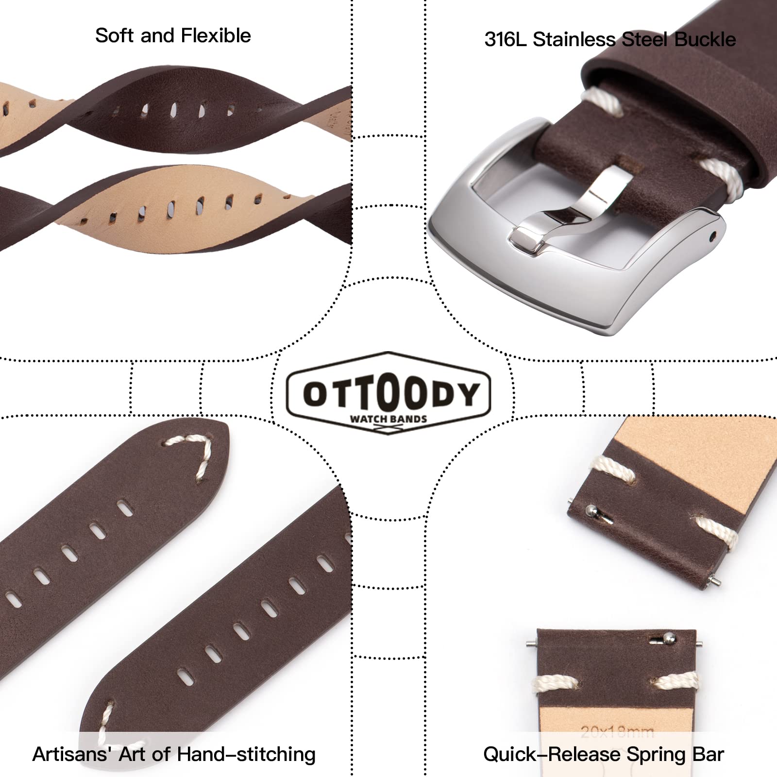 OTTOODY Leather Watch Bands 18mm 20mm 22mm Quick Release Watch Straps, Top Grain Leather Watch Band for Men and Women, Stylish Replacement Leather Watch Belt Band for Watch and Smartwatch