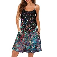 Spaghetti Strap Dress for Women Summer Beach Sexy Cover Up V Neck Backless Floral Print Sundress with Pockets
