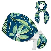 Leaf Tropical Green Adjustable Scrub Cap with Buttons Bow Hair Scrunchy Sweatband