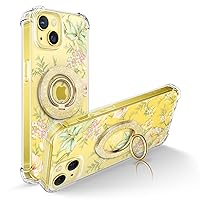 GVIEWIN Bundle - Compatible with iPhone 14 Floral Case (Peach Blossom/Yellow) + Magnetic Phone Ring Holder (Gold)