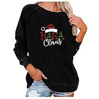 Christmas Nana Claus Sweatshirts for Women Plaid Santa Hat Letter Print Shirt Oversized Raglan Long Sleeve Xmas Tops