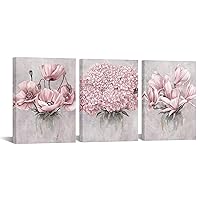 Visual Art Decor Flower Wall Art Bedroom Wall Decor Floral Decor Art Print Bathroom Living Dining Room Kitchen Decor Pictures, Framed 12inx16inx3Pieces (Pink)