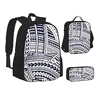 Blue Polynesian Maori Tribal Pattern Print Backpack 3 Pcs Set Travel Hiking Lightweight Water Laptop Pencil Case Insulated Lunch Bag