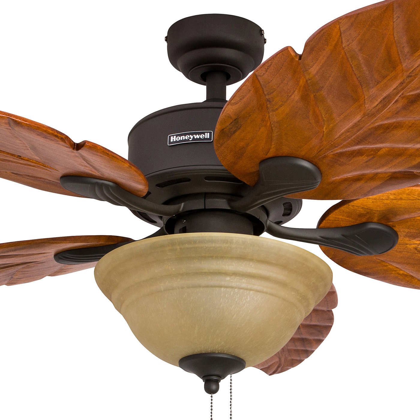 Honeywell Ceiling Fans Royal Palm, 52 Inch Tropical LED Ceiling Fan with Light, Pull Chain, Three Mounting Options, Hand Carved Solid Wood Blades - 50204-01 (Bronze)
