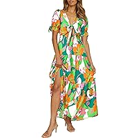 BTFBM Women's 2024 Summer Boho Dress Tie Front Deep V Neck Cutout Short Sleeve Floral Casual Party Beach Maxi Dresses
