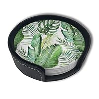 Green Tropical Palm and Fern Leaves Leather Drinks Coasters with Holder Set of 6, Suitable for Kinds of Cups