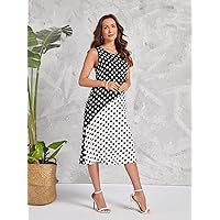 Dresses for Women Polka Dot Colorblock Tunic Dress (Color : Black and White, Size : Large)