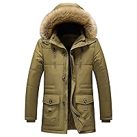 Winter Military Thicken Long Coat for Men Hooded Fleece Lined Warm Parka Outerwear Lightweight Thickened Down Outwear (Khaki,Large)