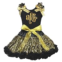 Petitebella Party Dress Golden Clover Black Shirt Black Gold Sequins Skirt Set Outfit 1-8y
