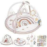 Baby Play Gym Mat, Tummy Time Activity Mat with 7 Detachable Toys and 12 Milestone Cards for Stage-Based Sensory and Motor Skill Development, Washable Play Mats for Infant, Newborn Baby Essentials