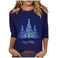 Christmas Shirts for Women Trendy 3/4 Sleeve Crew Neck T-Shirt Holiday Cute Printed Tops Casual Loose Fit Clothes